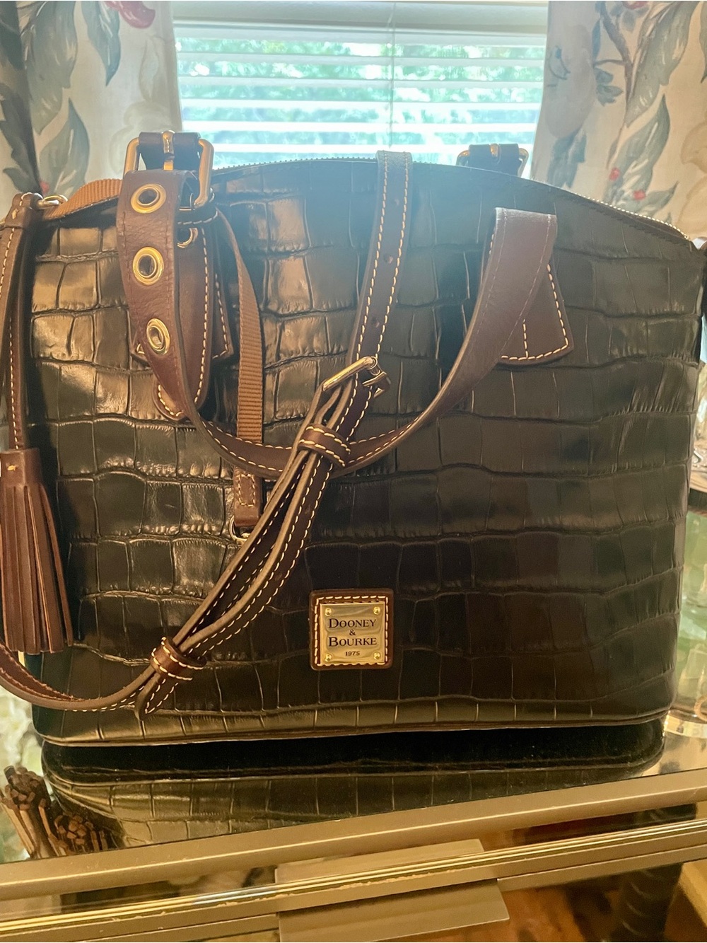 Dooney & Bourke Trina Espresso Medium Satchel Croc Embossed Leather Crossbody